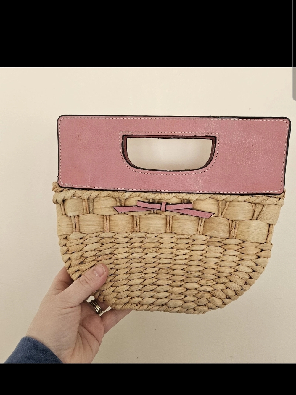 Vintage Liz Claiborne Woven Corn Husk Clutch Pink Leather Top Handle Bow Detail